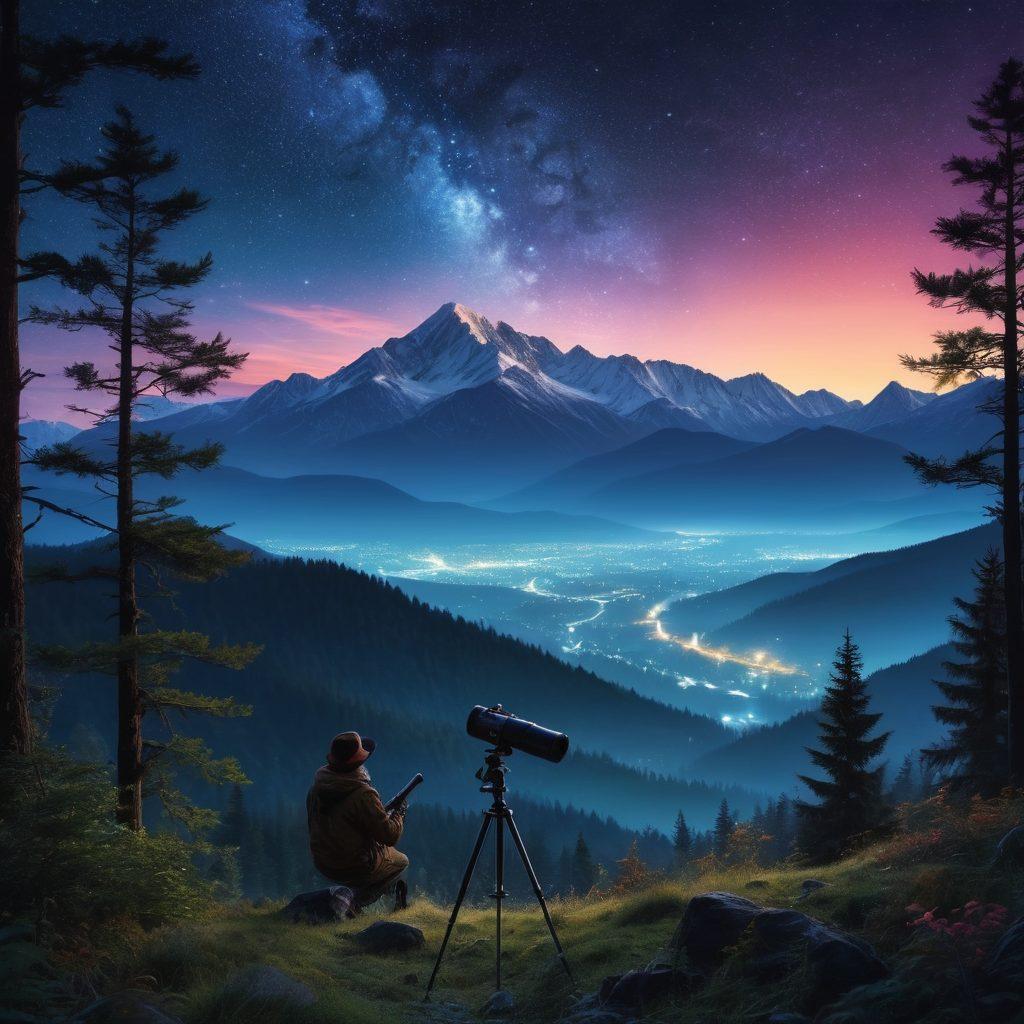 A breathtaking night sky filled with twinkling stars and a majestic silhouette of a mountain range in the foreground. Below, a lush forest teeming with various wildlife, including deer and owls, capturing the essence of exploration. A telescope is set up to the side, facing the sky, giving a sense of adventure and discovery. Soft moonlight bathes the scene, creating a dreamy atmosphere. vibrant colors. super-realistic.