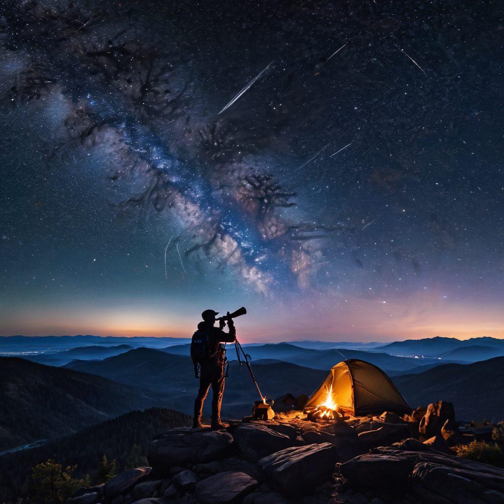 A sprawling night sky filled with vibrant constellations and swirling galaxies, with a silhouette of a lone adventurer standing on a mountain peak, holding a telescope and gazing upward. Below, a rugged landscape with camping gear and a campfire, suggesting a blend of outdoor adventure and cosmic exploration. Imagery of shooting stars and planetary bodies to enhance the celestial theme. super-realistic. vibrant colors.