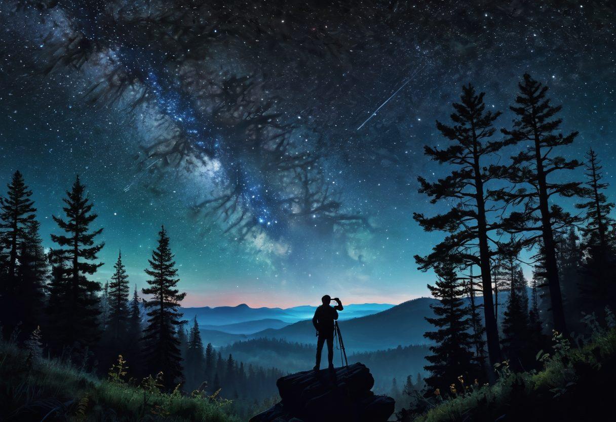 A breathtaking landscape depicting a transition from a lush wilderness to a starlit sky, featuring a silhouette of a lone explorer standing at the edge of a forest with a telescope in hand. Bright stars twinkle overhead, with constellations visible, and the forest is rich with color and detail. The horizon blends the earthy tones of nature with the cosmic blues and blacks of space, symbolizing exploration. mystical and adventurous atmosphere. vibrant colors. super-realistic.